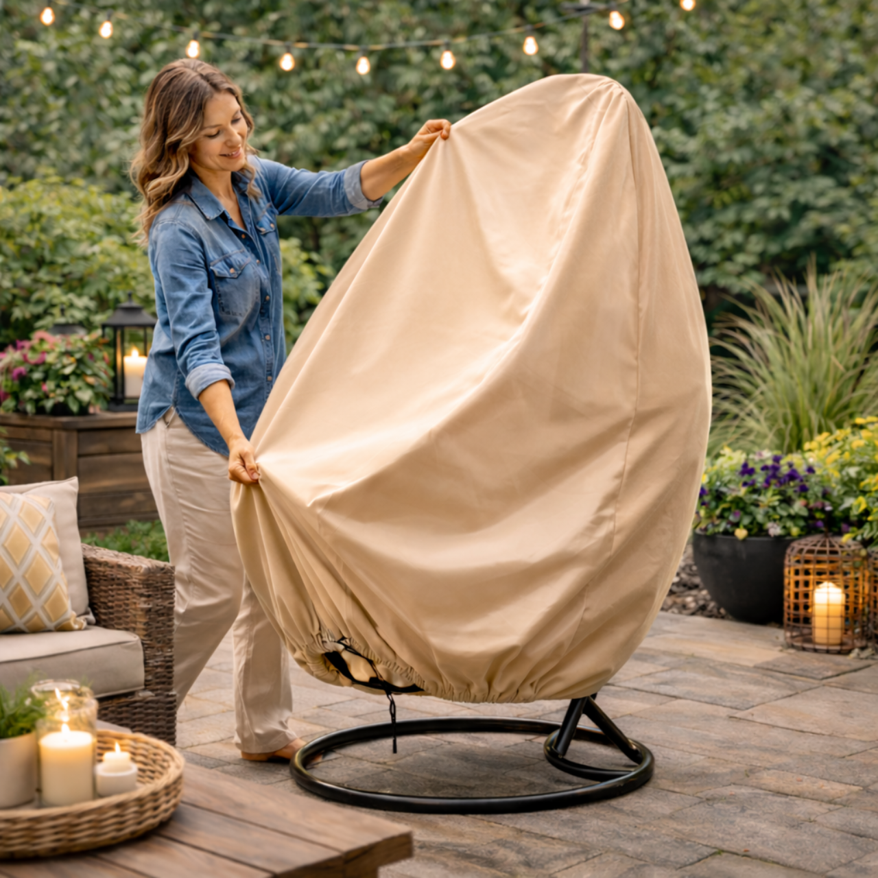 Pokrowiec na fotel wiszący huśtawkę ogrodową osłona na kokon kosz wodoodporna beżowa - obrazek 4