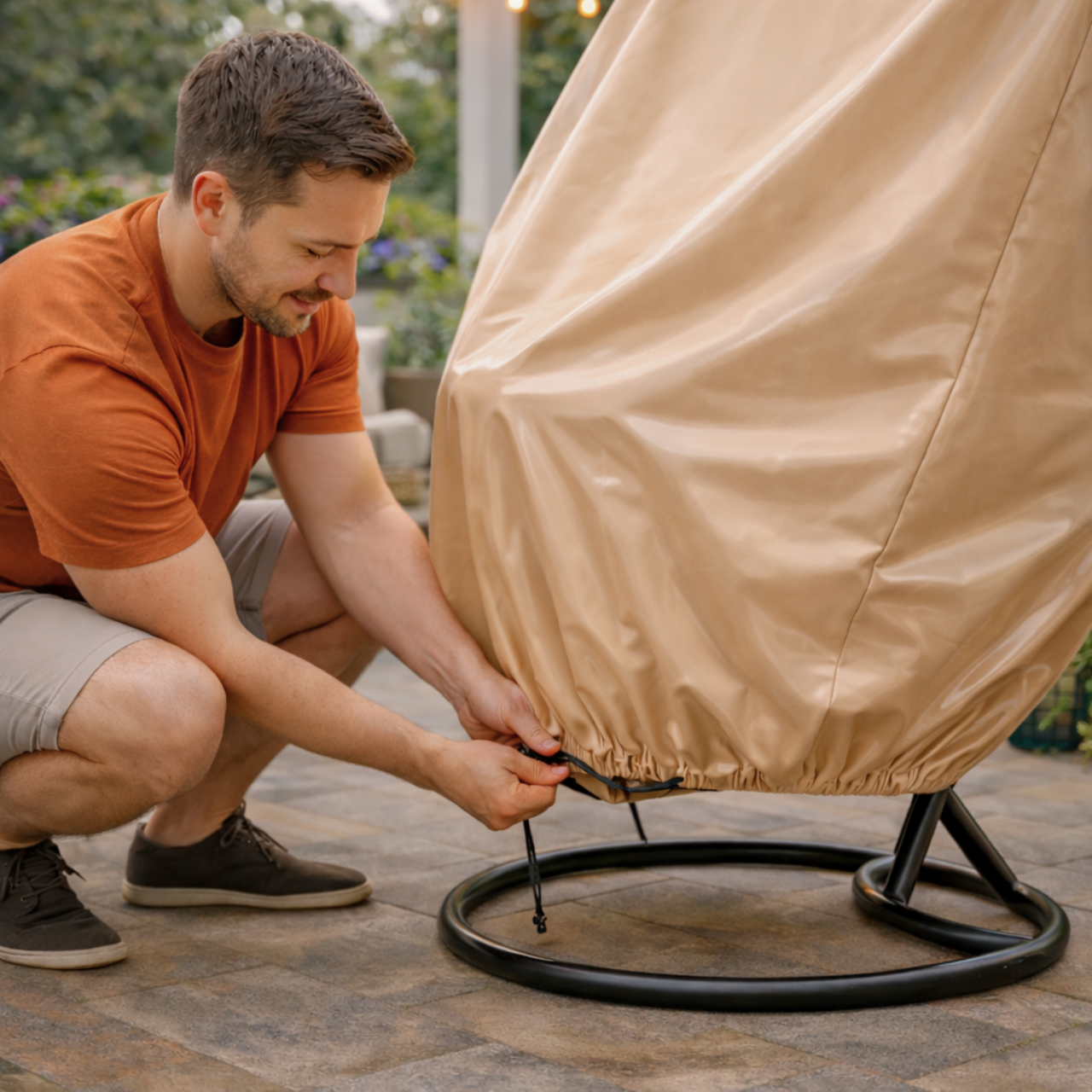 Pokrowiec na fotel wiszący huśtawkę ogrodową osłona na kokon kosz wodoodporna beżowa - obrazek 12