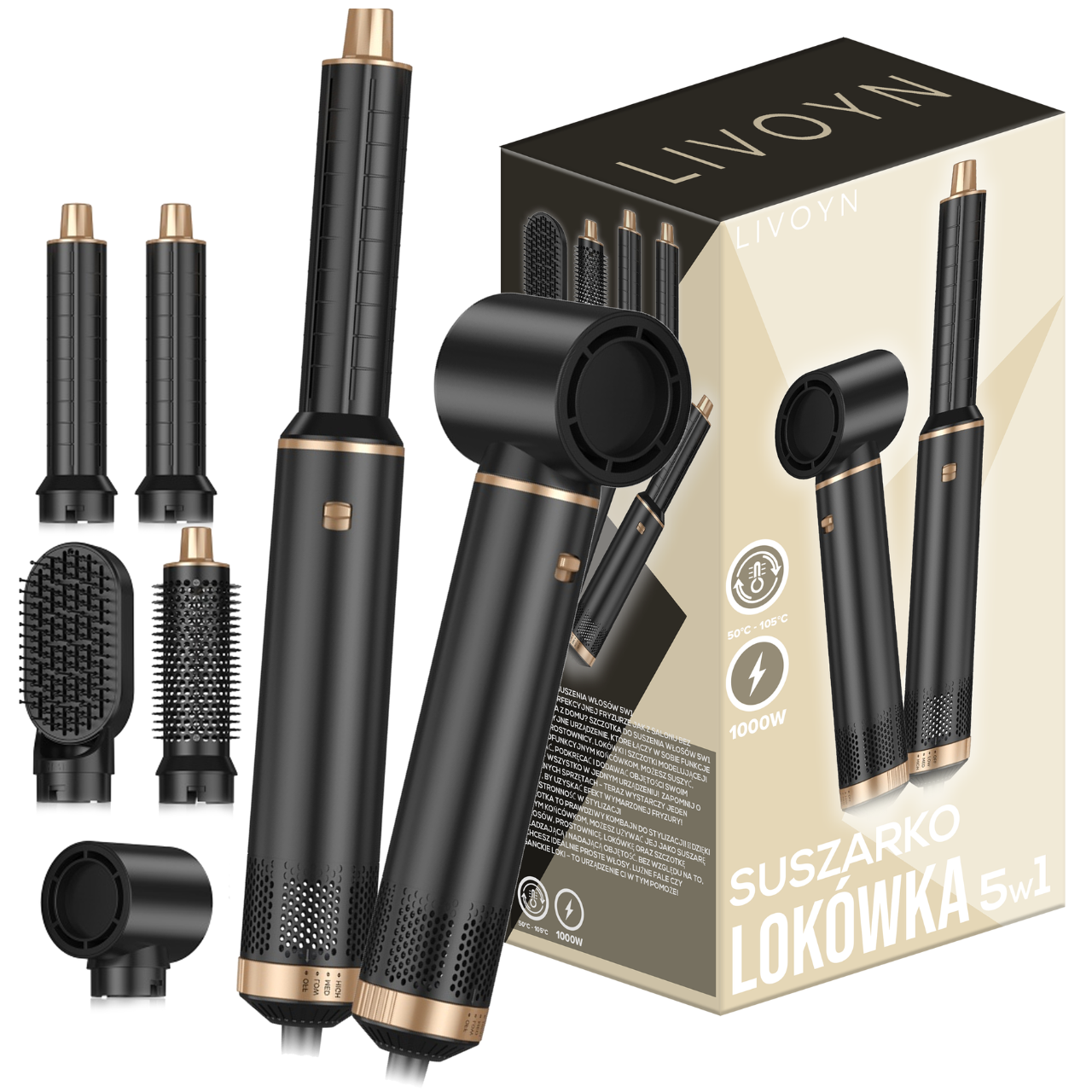 Suszarko lokówka do włosów szczotka prostująca zestaw 5W1 LivoStyler czarna